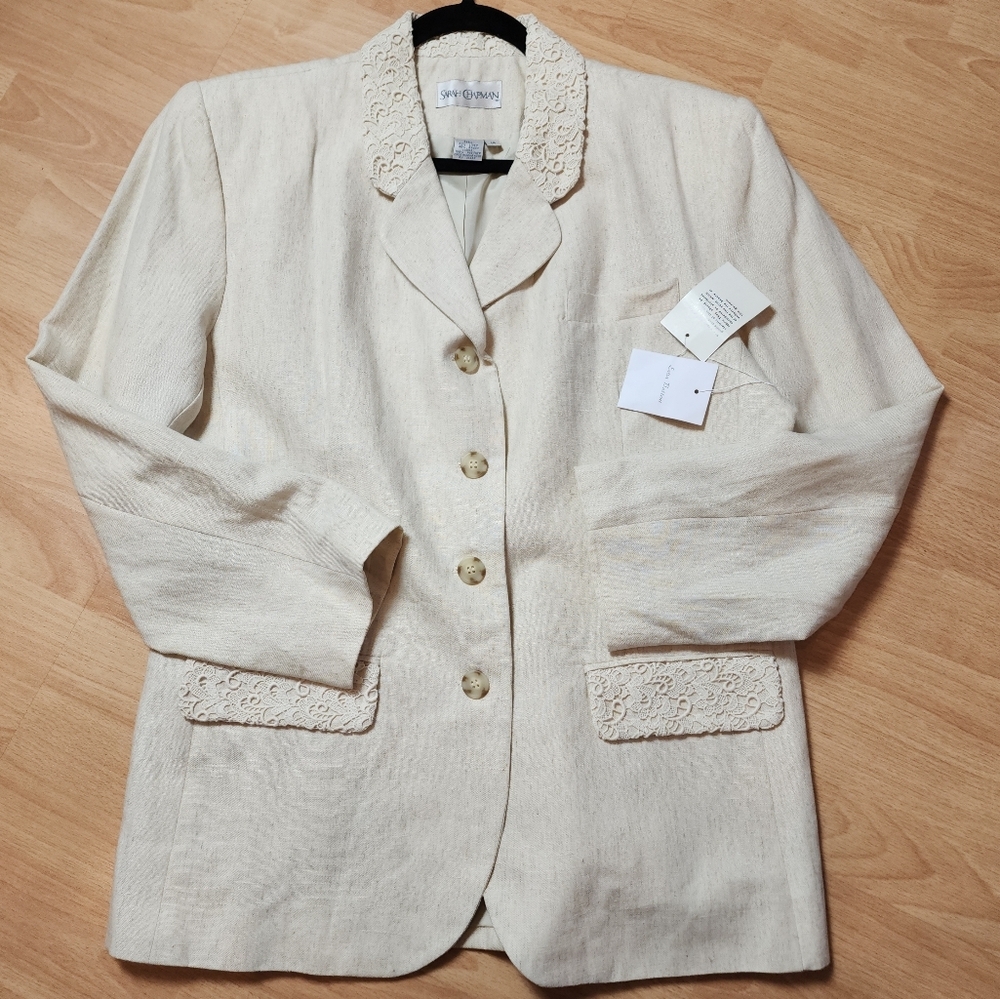 NWT Sarah Chapman Linen Crochet Lace Collar Beige Blazer Size 14 Vintage
